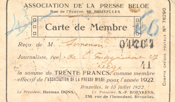 Tessera dell’Associazione Giornalisti della stampa liegese, 15 luglio 1922 Collection Fonds Georges Simenon – Université de Liège Tessera dell’Associazione Giornalisti della stampa liegese, 15 luglio 1922 Collection Fonds Georges Simenon – Université de Liège